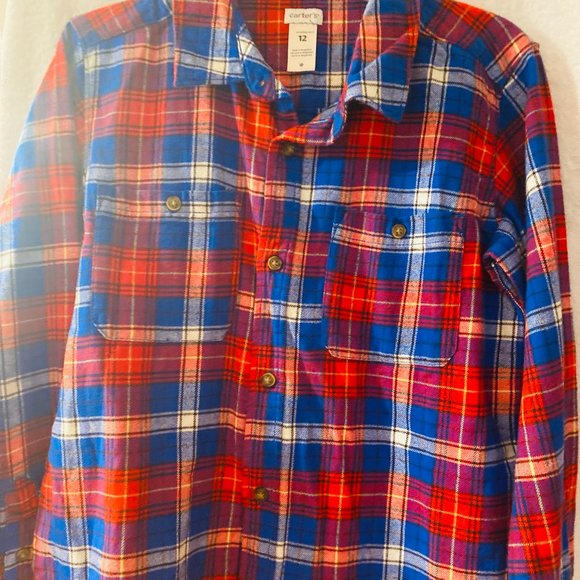 CARTERS KIDS NWT RED/WHITE/BLUE COTTON FLANNEL BUTTONDOWN SHIRT LONG SLEEVE SZ12 - Picture 2 of 8